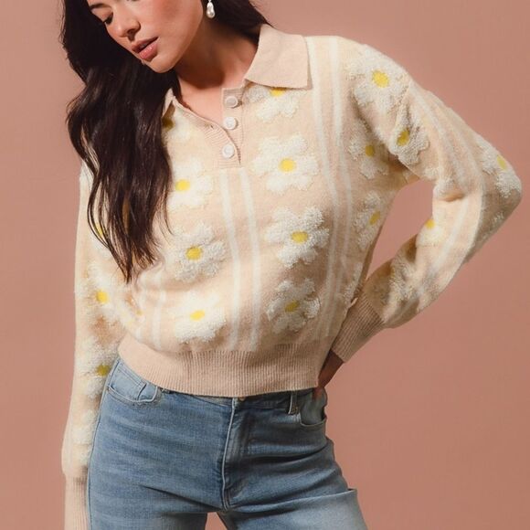 SO ME Floral Stripe Polo Collar Sweater Floral Knit Sweater with Daisies - Picture 3 of 7